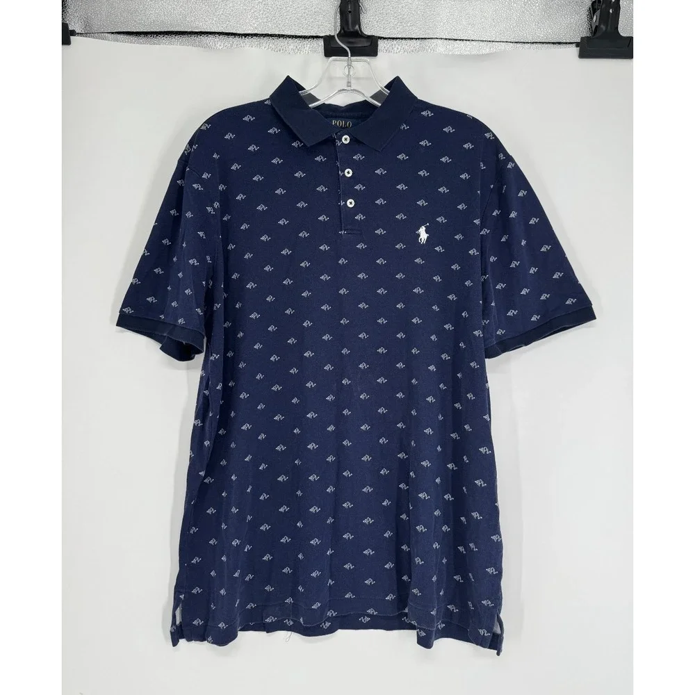 Polo Ralph Lauren Polo Shirt Large Navy All Over Print AOP Graphic Short Sleeve